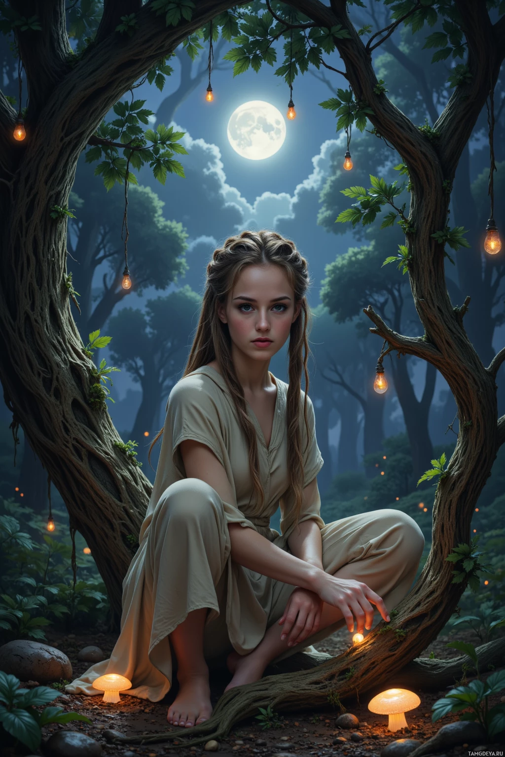 A woman in a forest setting, crouching under a tree with glowing lights hanging from its branches.