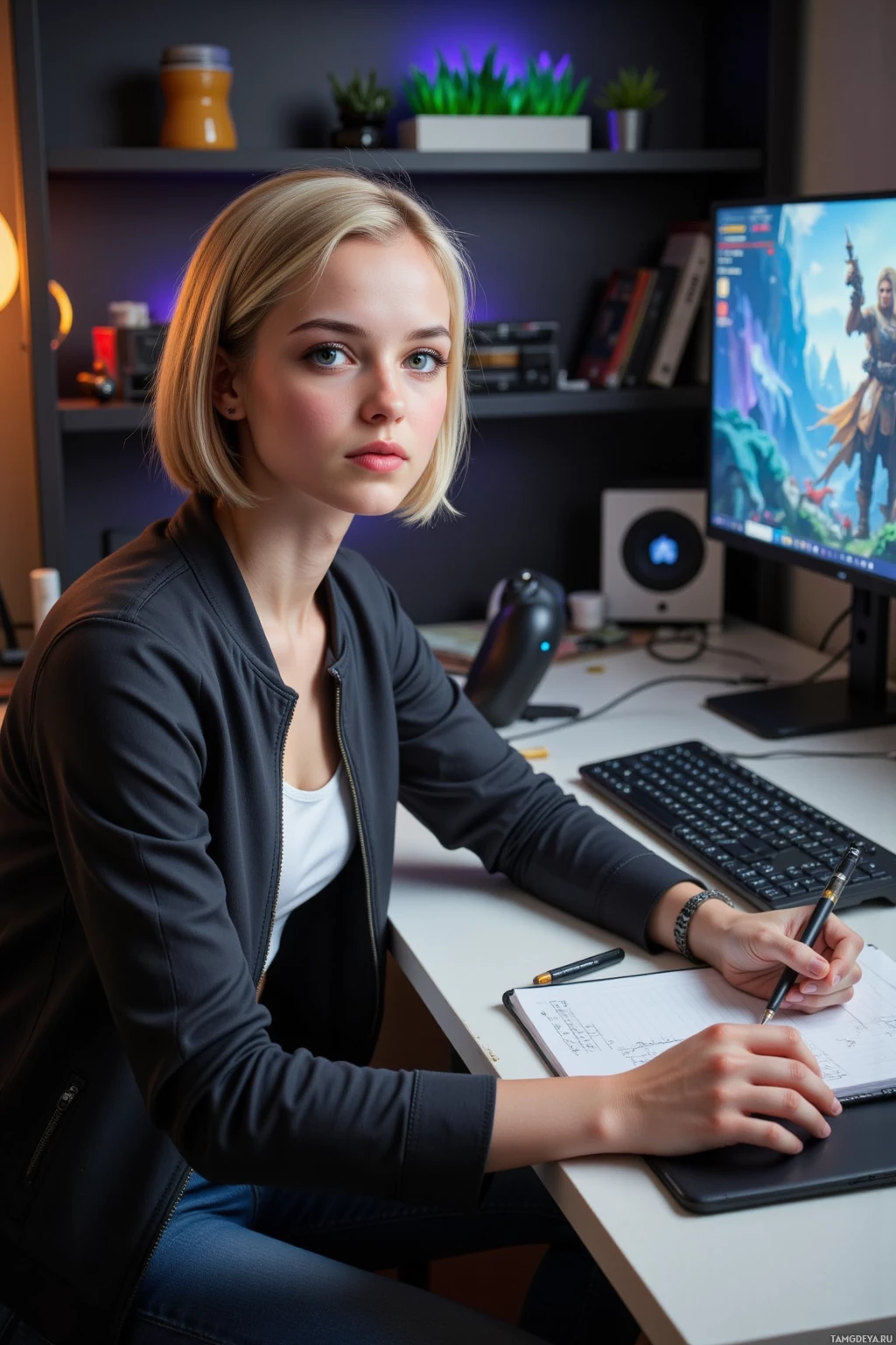 A person is sitting at a desk, writing in a notebook with a pen.