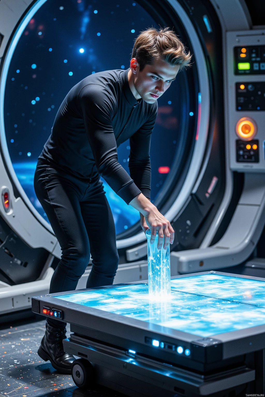 A person in a futuristic space suit interacts with a glowing, high-tech device.