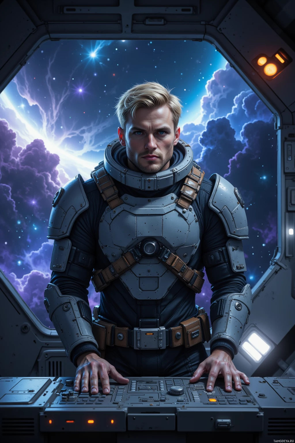 A person in futuristic armor stands at a control panel, set against a cosmic backdrop.