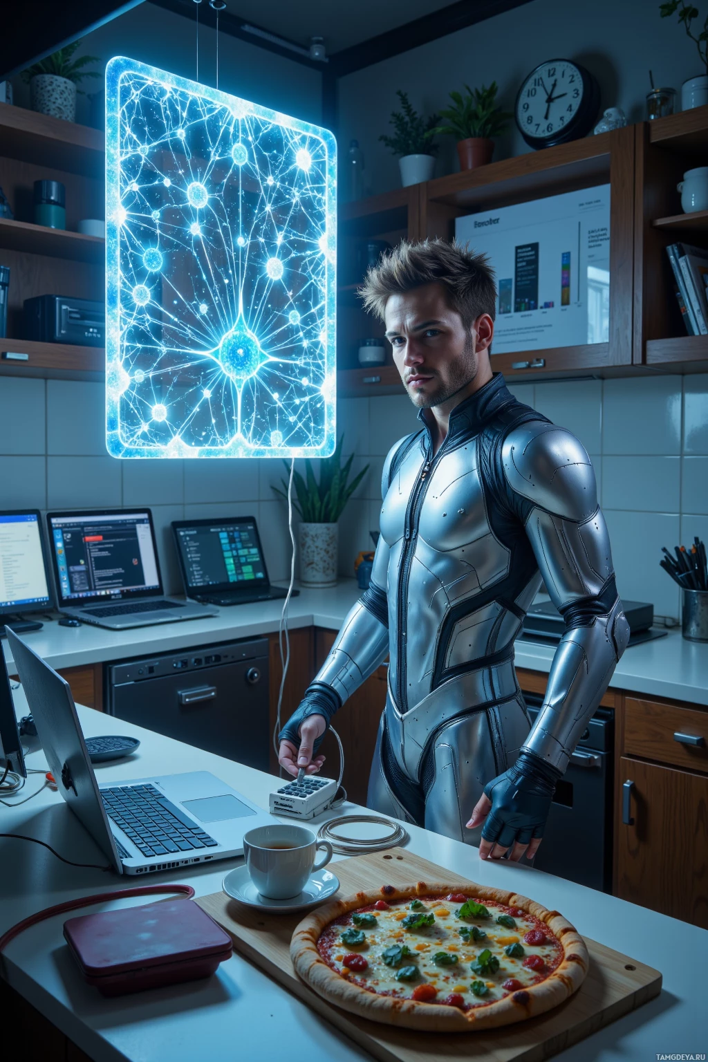 A person in a futuristic suit stands in a modern kitchen with a glowing, networked tablet above them.