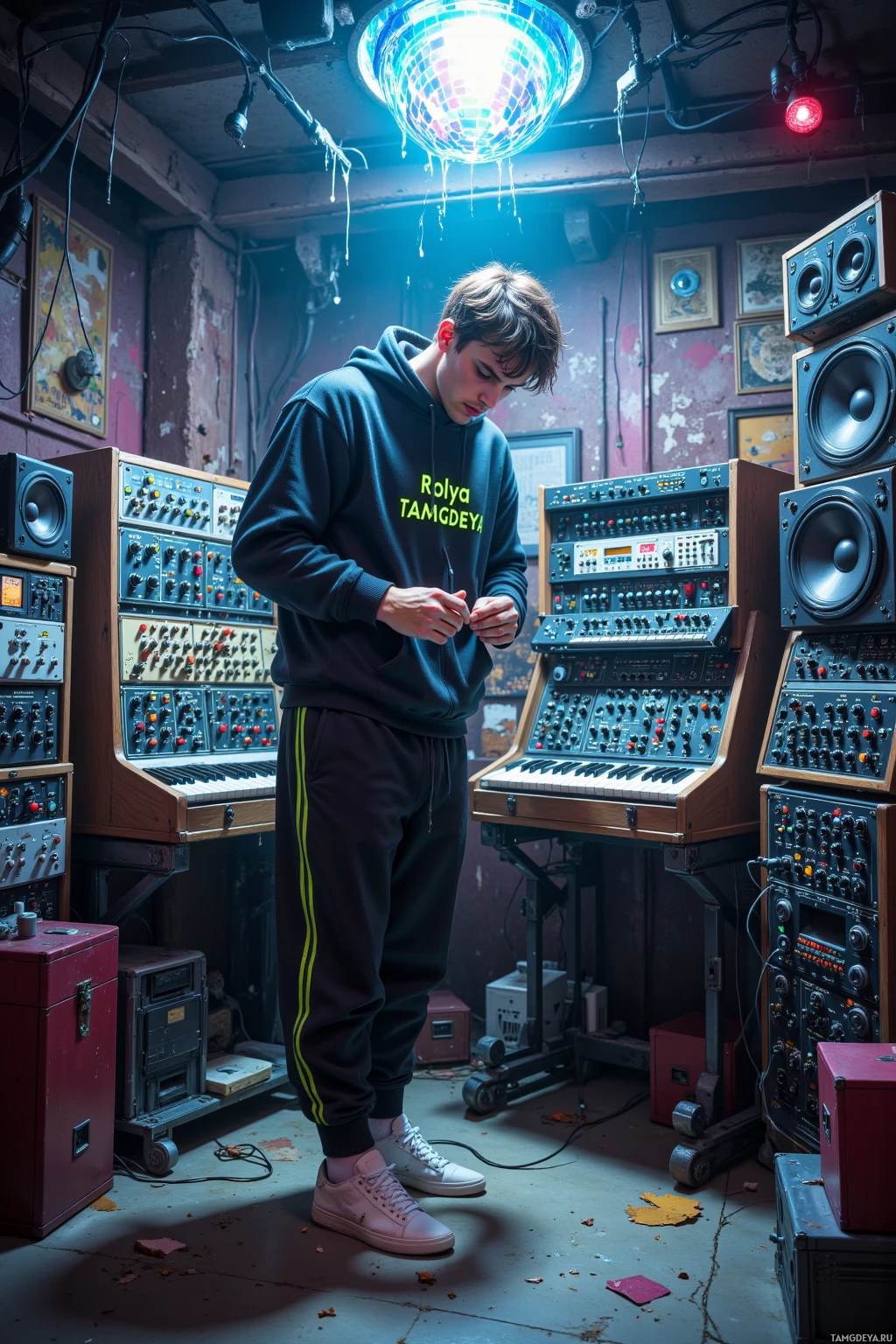 A person stands in a dimly lit room filled with electronic music equipment and a disco ball.