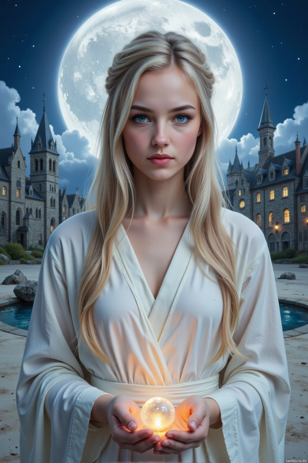 A woman in a white robe holds a glowing orb in front of a castle under a full moon.