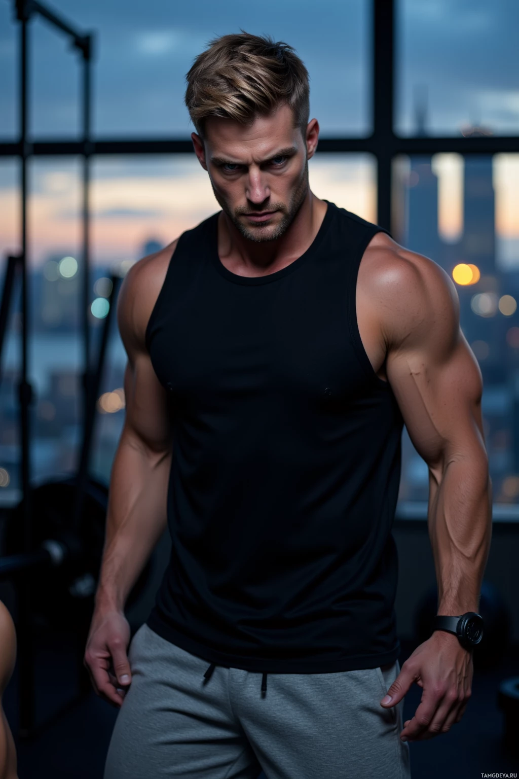 A muscular man in a black tank top and gray pants stands in a gym setting.