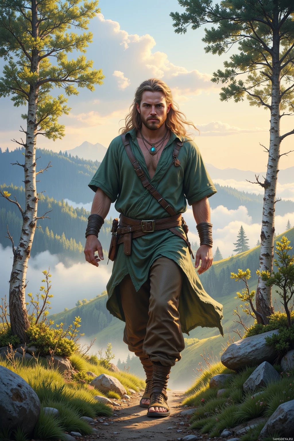 A man in a green tunic and brown pants stands on a path in a mountainous landscape.