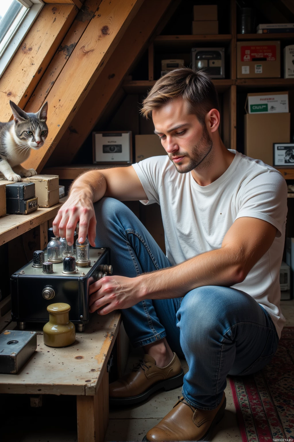 A man sits in a cozy attic room, adjusting a vintage radio, with a curious cat perched nearby.