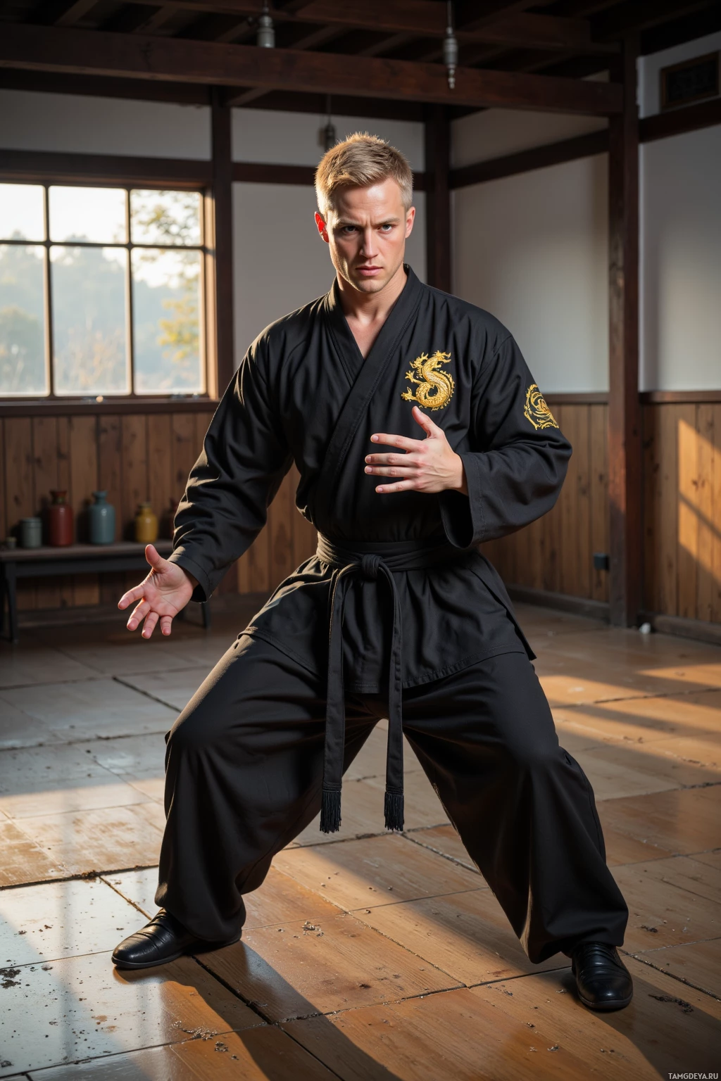 A person in a black martial arts uniform with a dragon emblem, standing in a fighting stance in a wooden room.