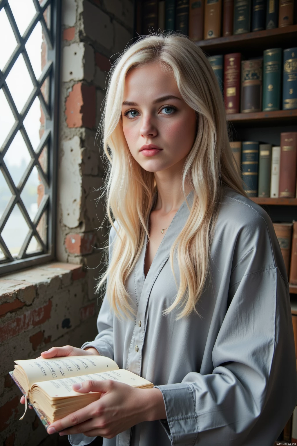 A person with long blonde hair stands in front of a bookshelf, holding an open book.