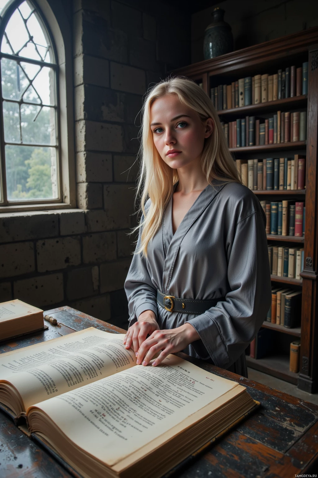 A woman stands in a library, leaning on an open book with a stone wall and bookshelf in the background.