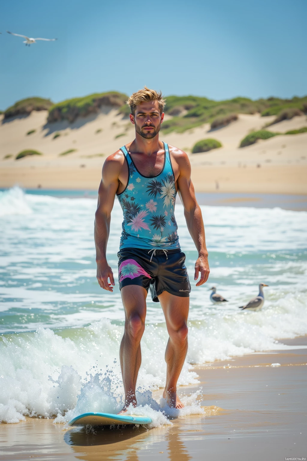 A man stands on a surfboard at the beach, with waves and sand in the background.