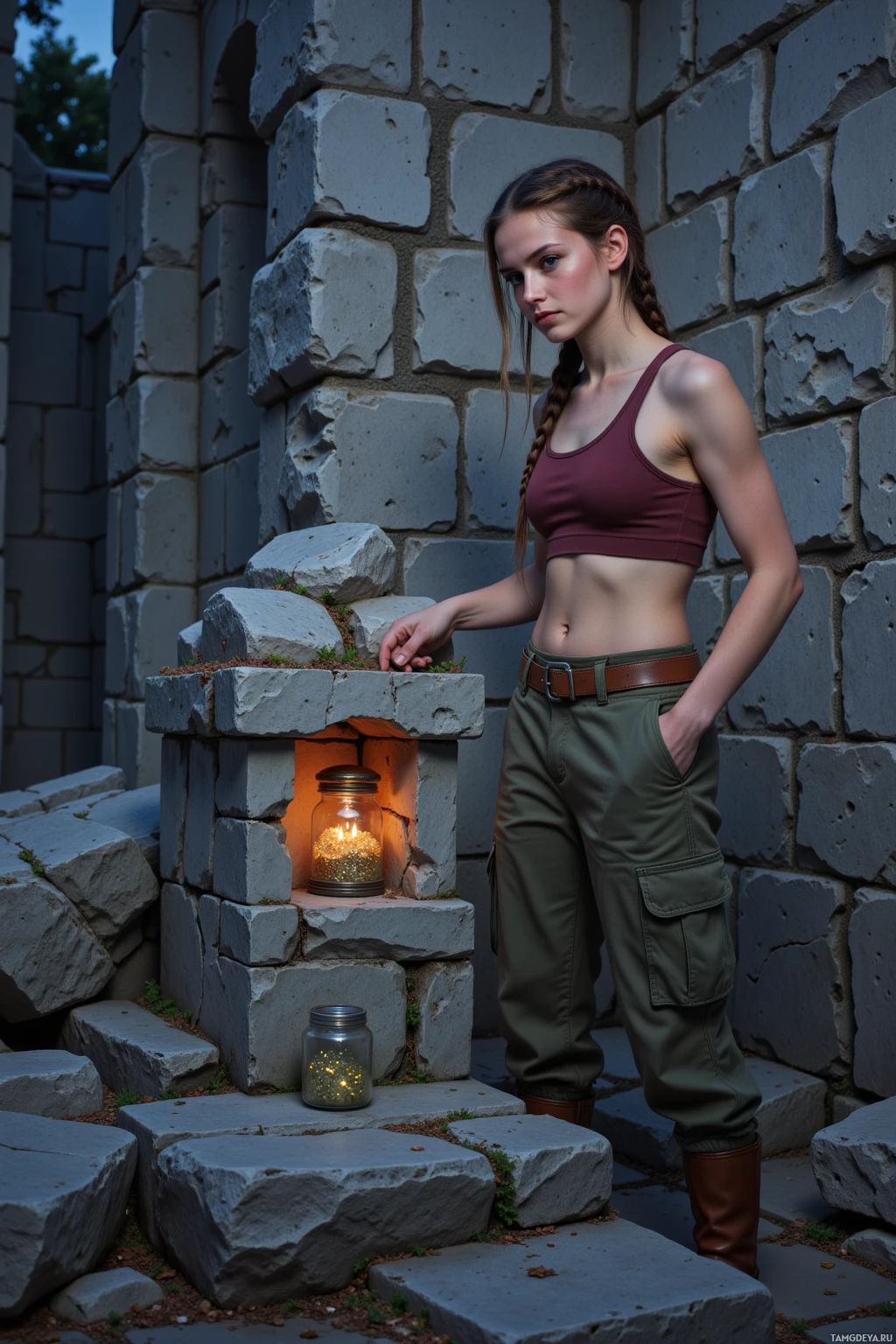 A person stands beside a stone structure with a lit lantern, wearing a tank top and cargo pants.