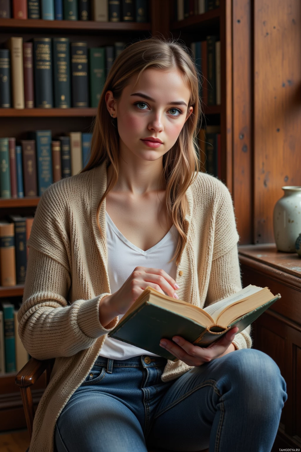 A young woman sits in a chair, reading a book in a cozy library setting.