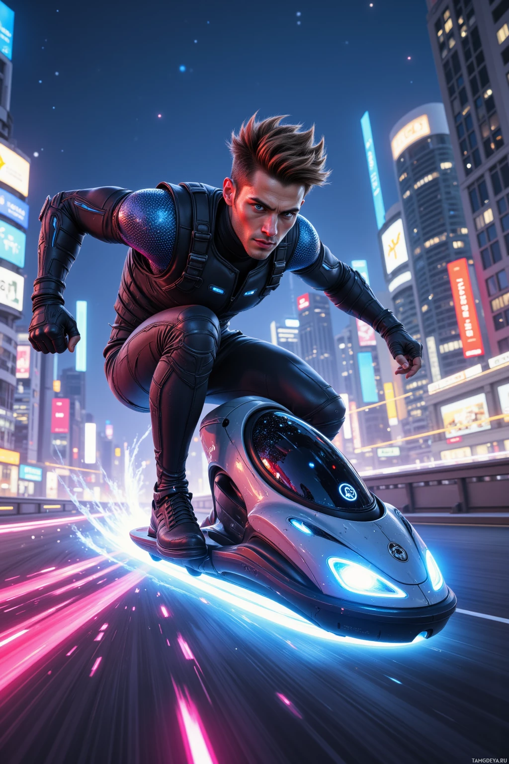 A futuristic character rides a sleek, glowing hoverboard through a neon-lit cityscape at night.