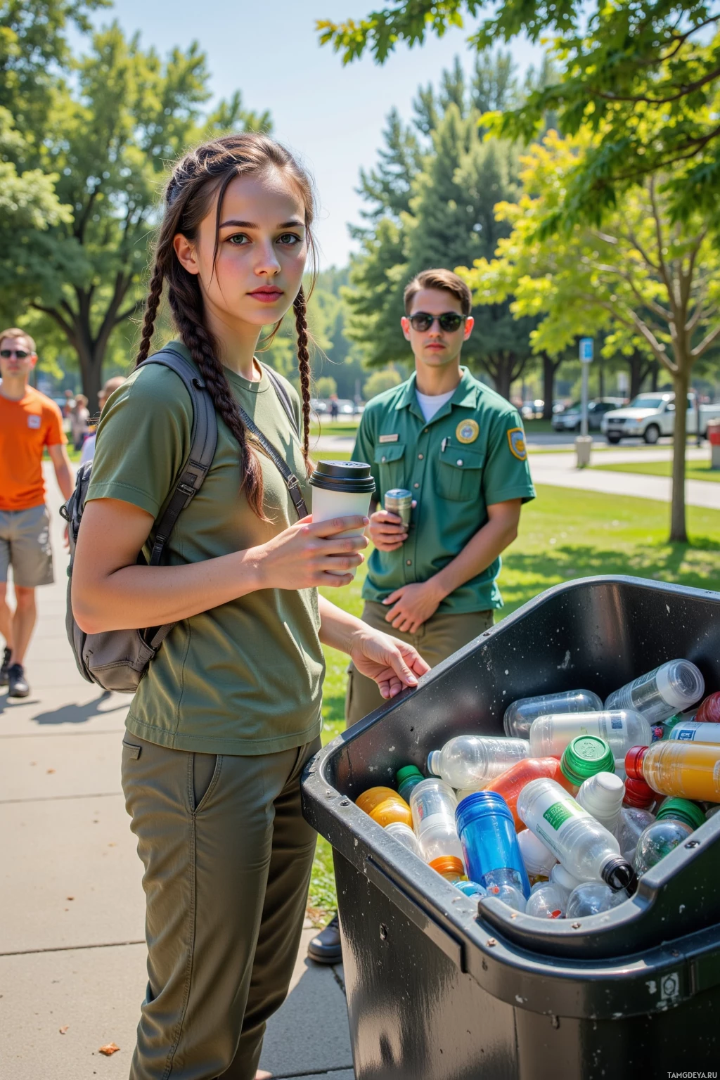 A person in a green uniform stands near a recycling bin filled with plastic bottles.