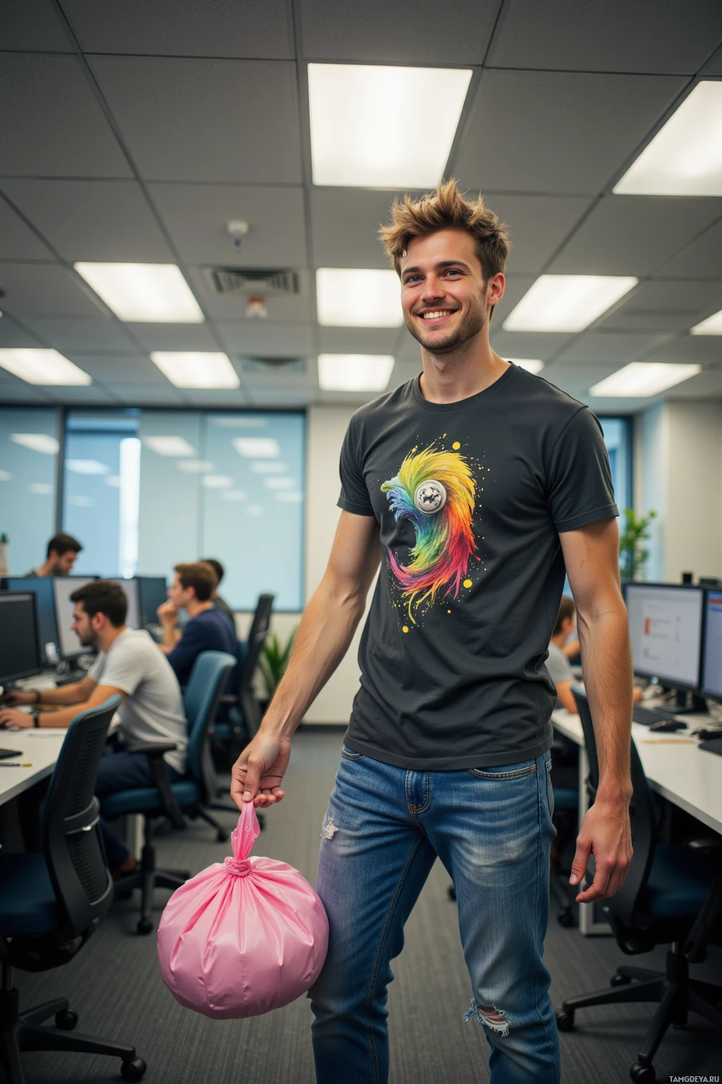 A man in a casual office setting holds a pink bag while smiling.