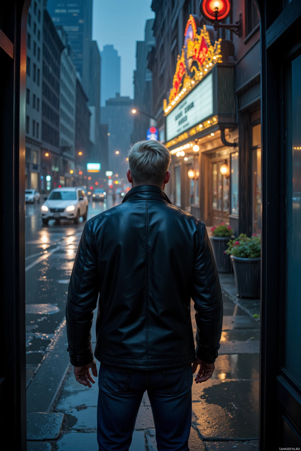 A man in a leather jacket stands on a rainy city street, looking down the wet pavement.