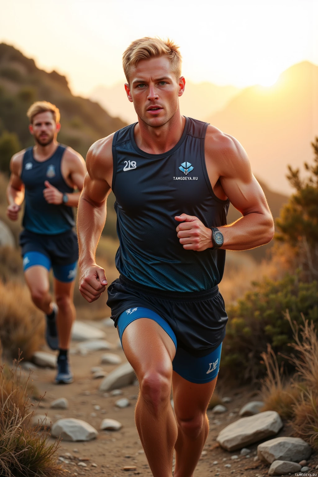 Two men are running on a rocky trail in a mountainous area during sunset.