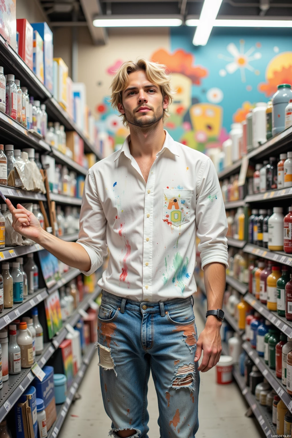A man in a white shirt and ripped jeans stands in a store aisle.