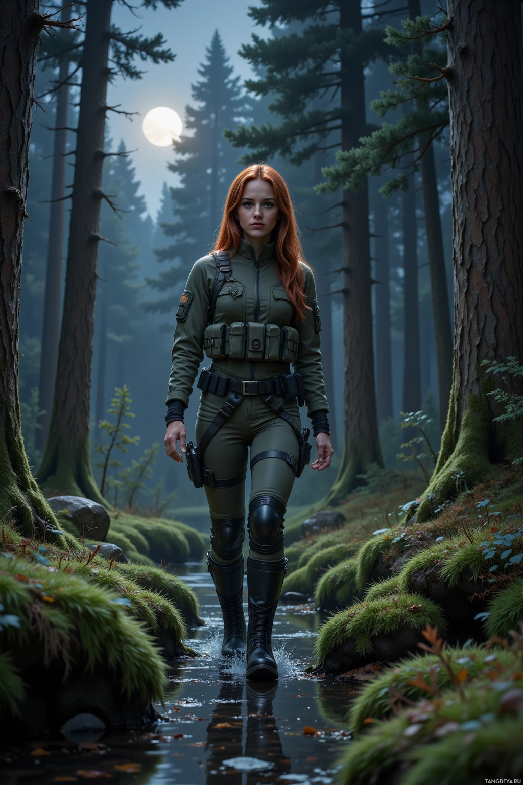 A woman in a military-style outfit walks through a forest at night.