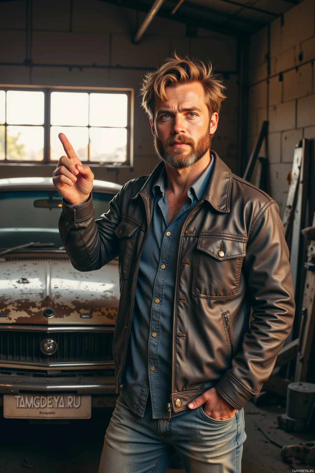 A man in a leather jacket and jeans stands in a garage, pointing upwards.