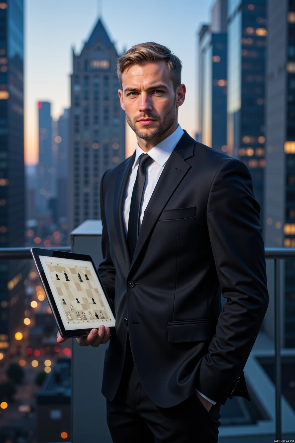 A man in a suit holds a tablet displaying a chessboard, with a cityscape in the background.