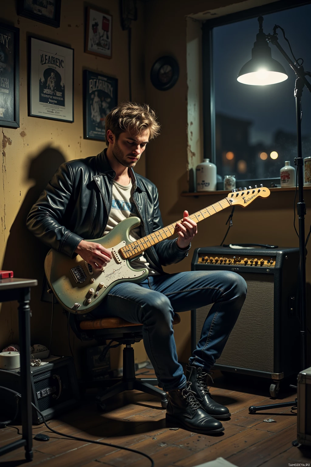 A person plays an electric guitar in a dimly lit room with posters on the wall.