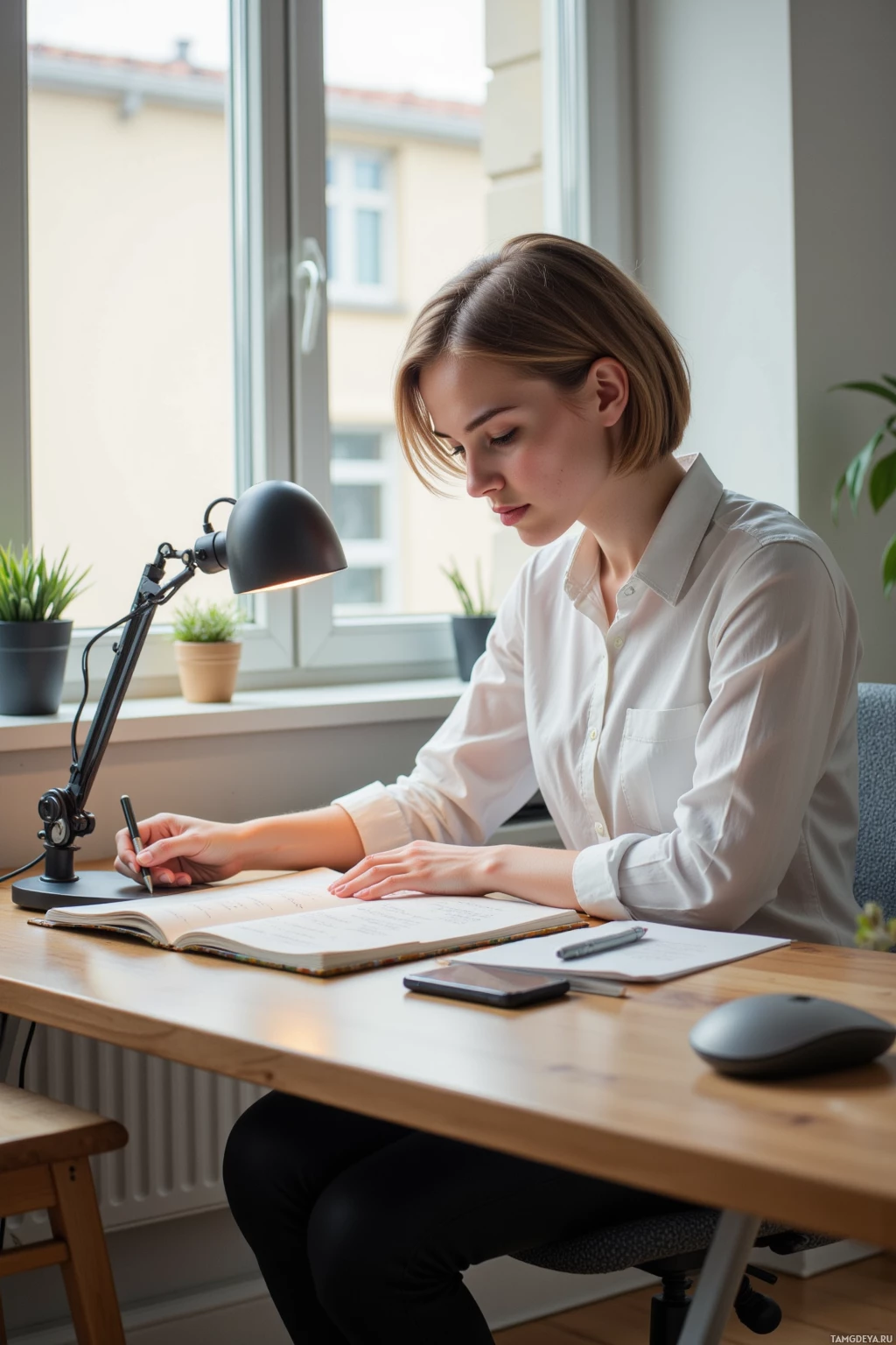 A woman is sitting at a desk, writing in a notebook under a desk lamp.