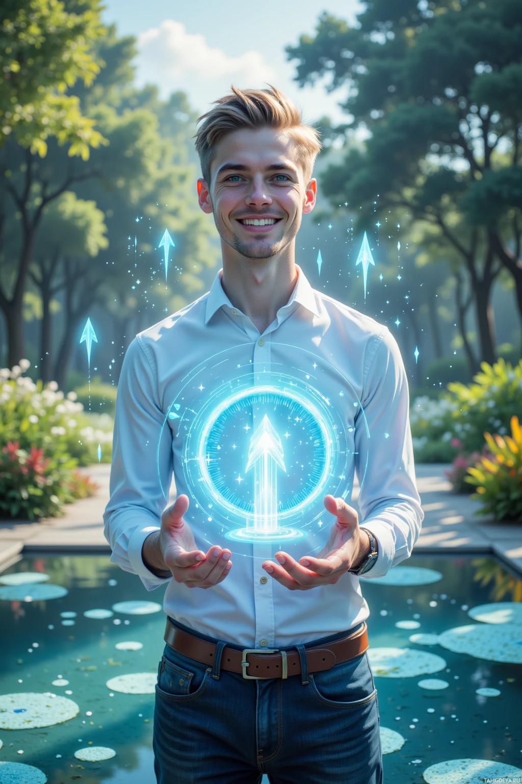 A man in a white shirt stands outdoors with a futuristic holographic circle and upward arrow above his hands.