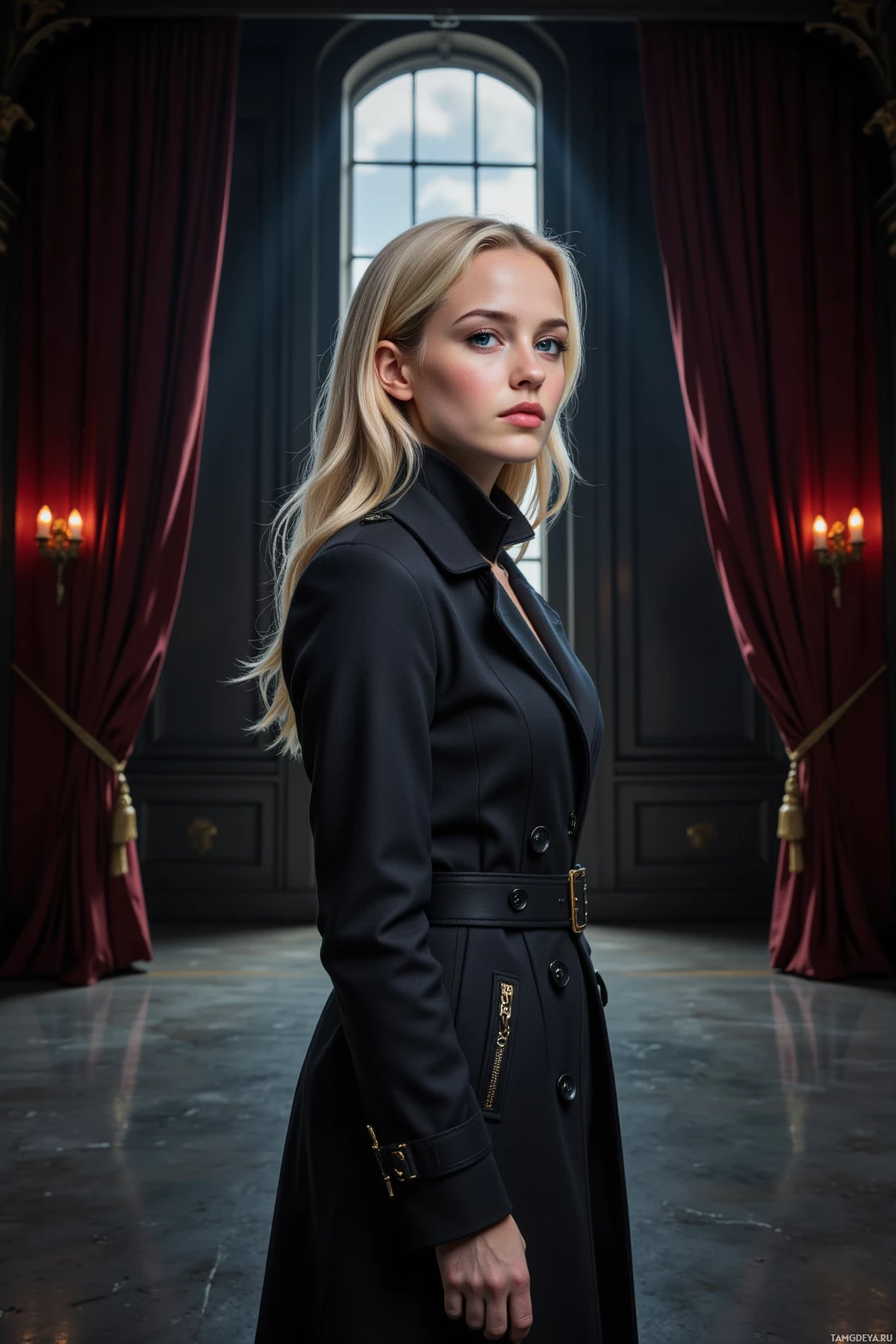 A woman in a black coat stands in a dimly lit room with red curtains and a large window.