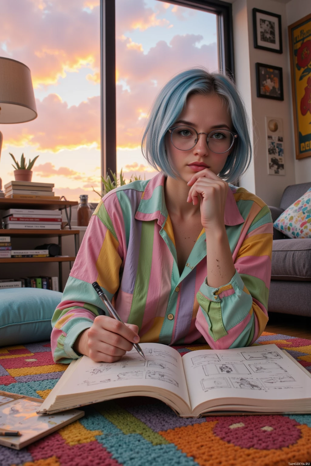 A person with blue hair wearing a colorful striped shirt is lying on a patterned rug, writing in a notebook.