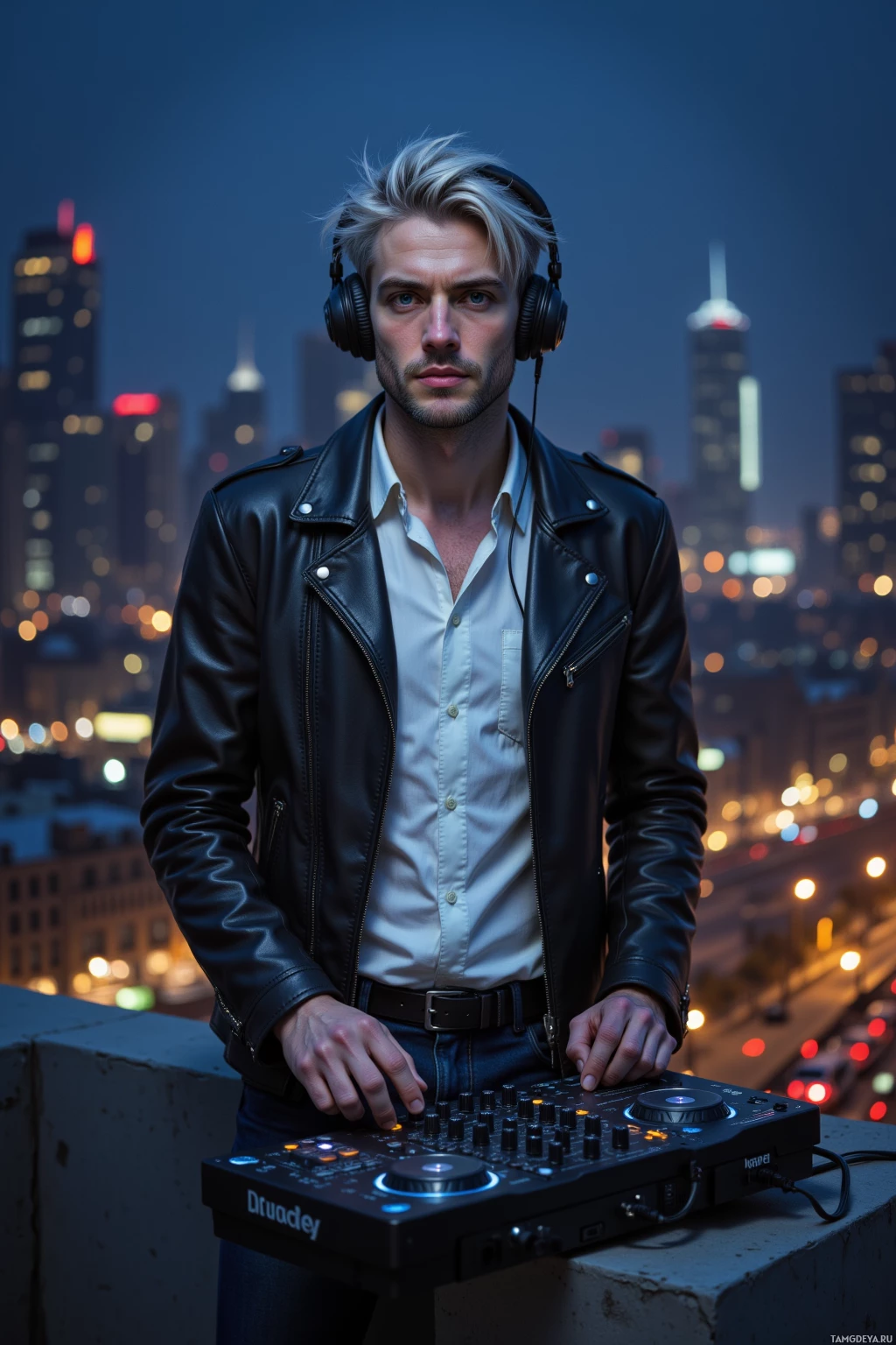 A person wearing headphones and a leather jacket stands on a rooftop with a cityscape in the background.