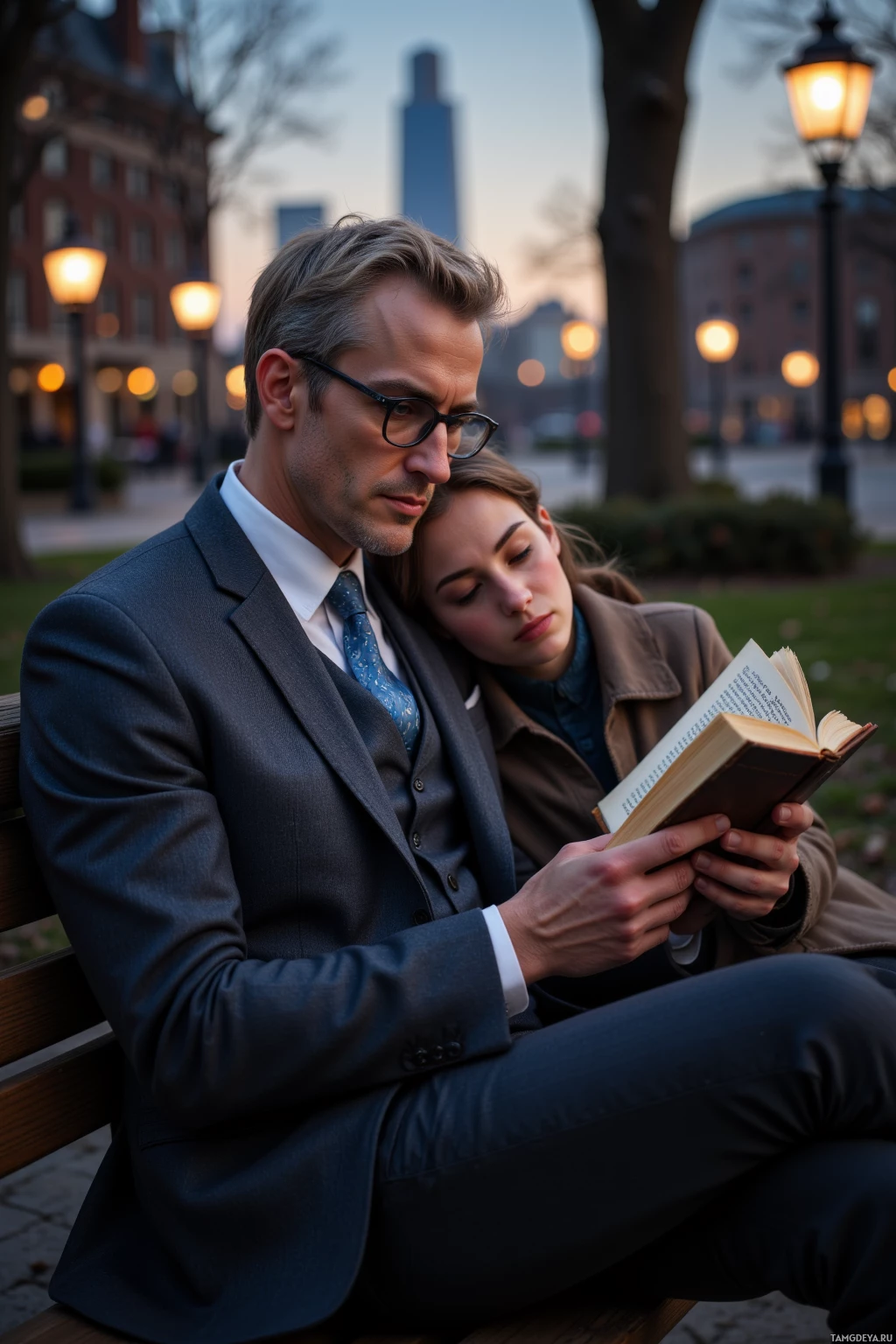 A man and a woman are sitting on a bench, the man reading a book while the woman rests her head on his shoulder.