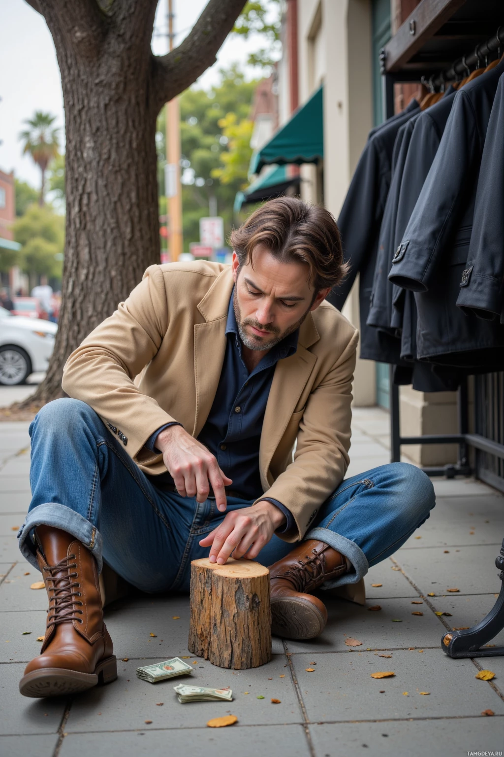 A man in a beige blazer and jeans sits on a sidewalk, interacting with a small wooden stump and some money.