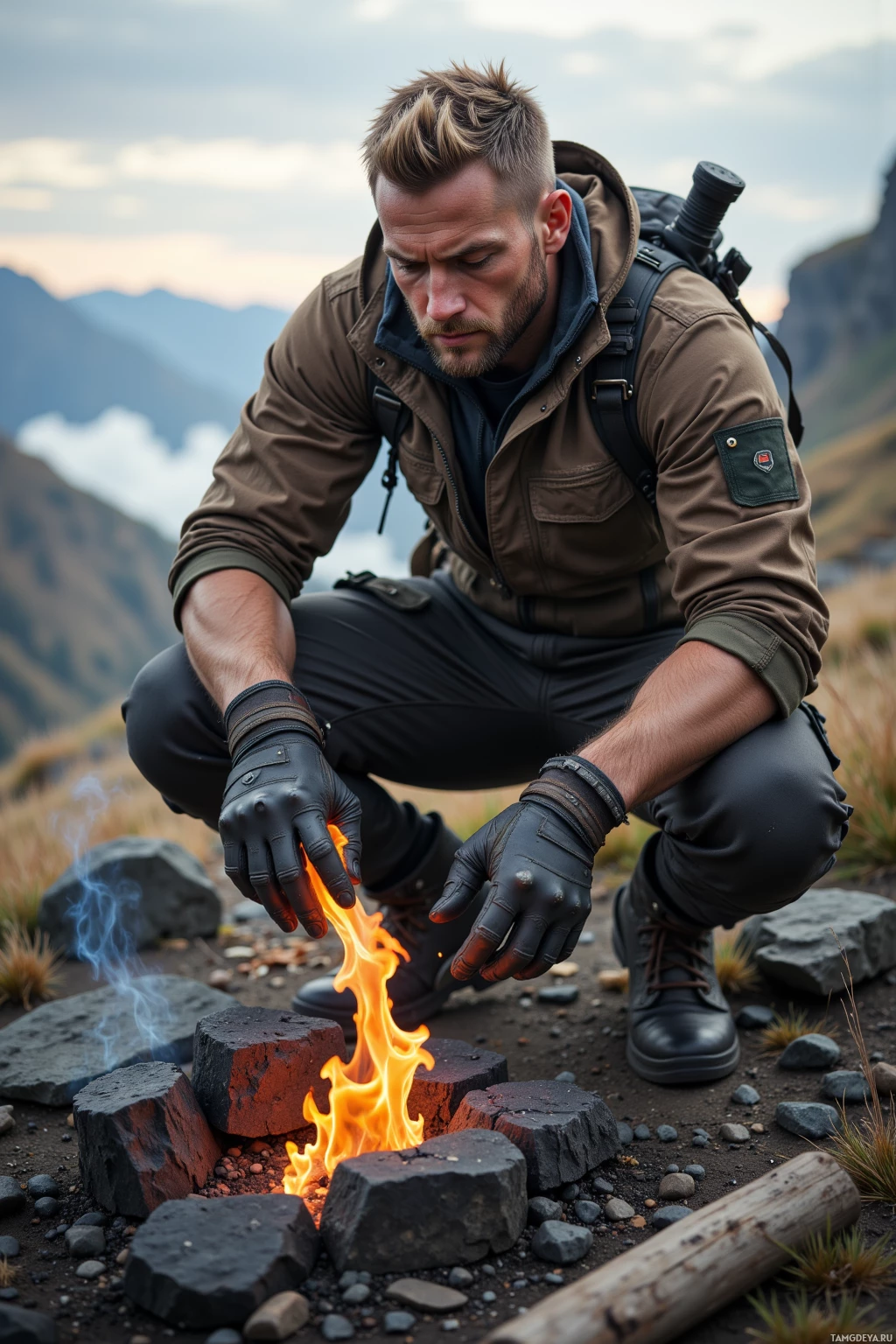 A man in outdoor gear tends to a small fire in a mountainous setting.