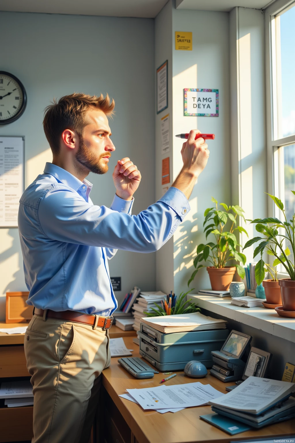 A man in a light blue shirt stands at a desk in an office, holding a pen and looking out the window.