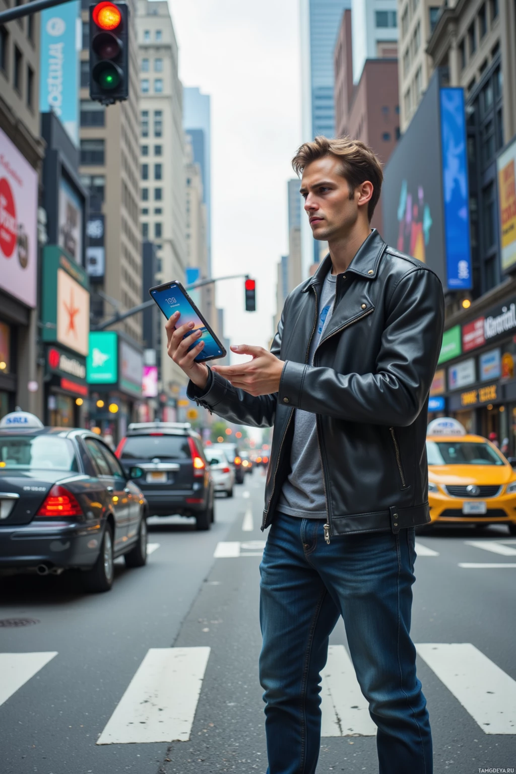A man in a leather jacket stands on a city street, holding a smartphone.