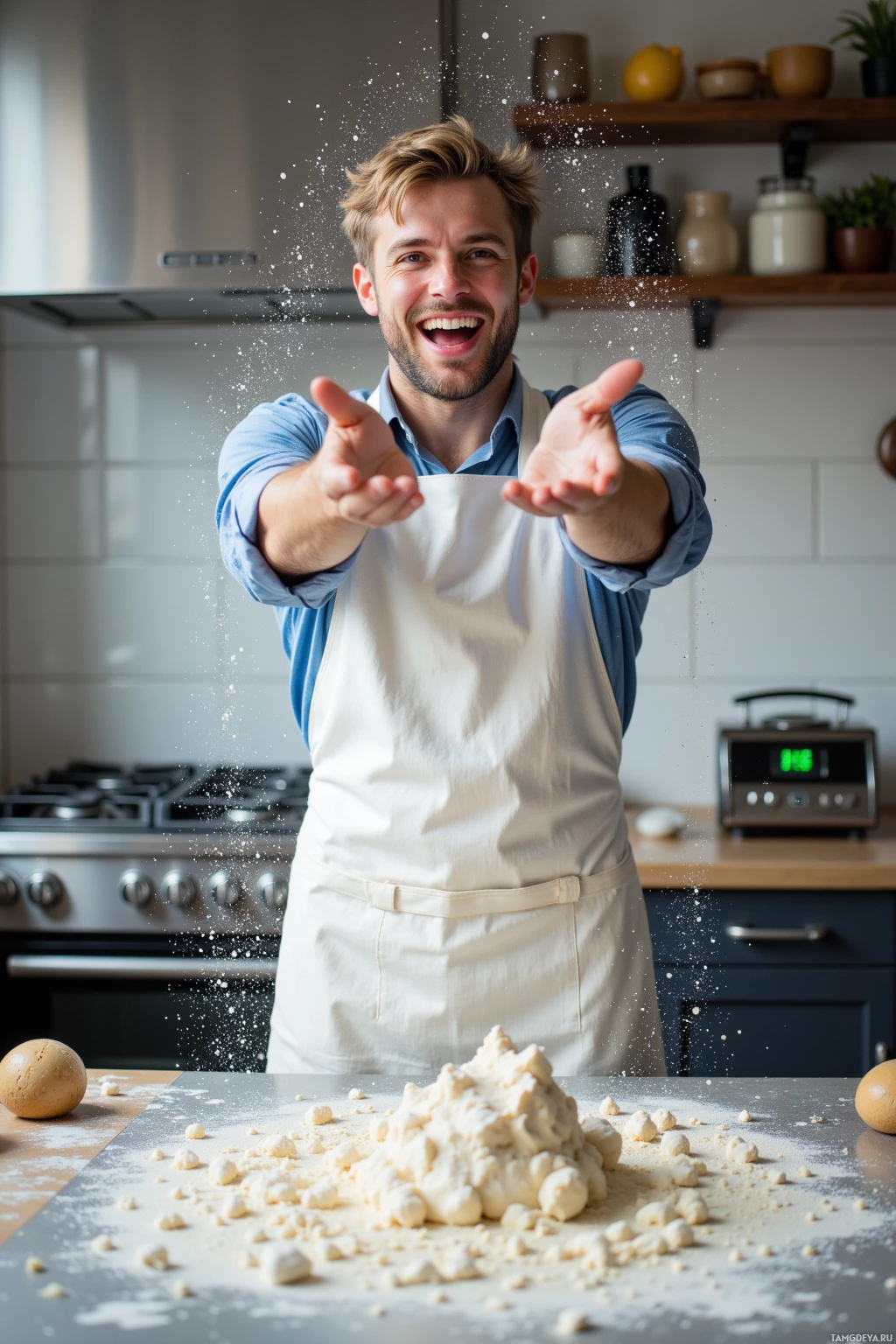 A man in an apron is throwing flour in a kitchen.