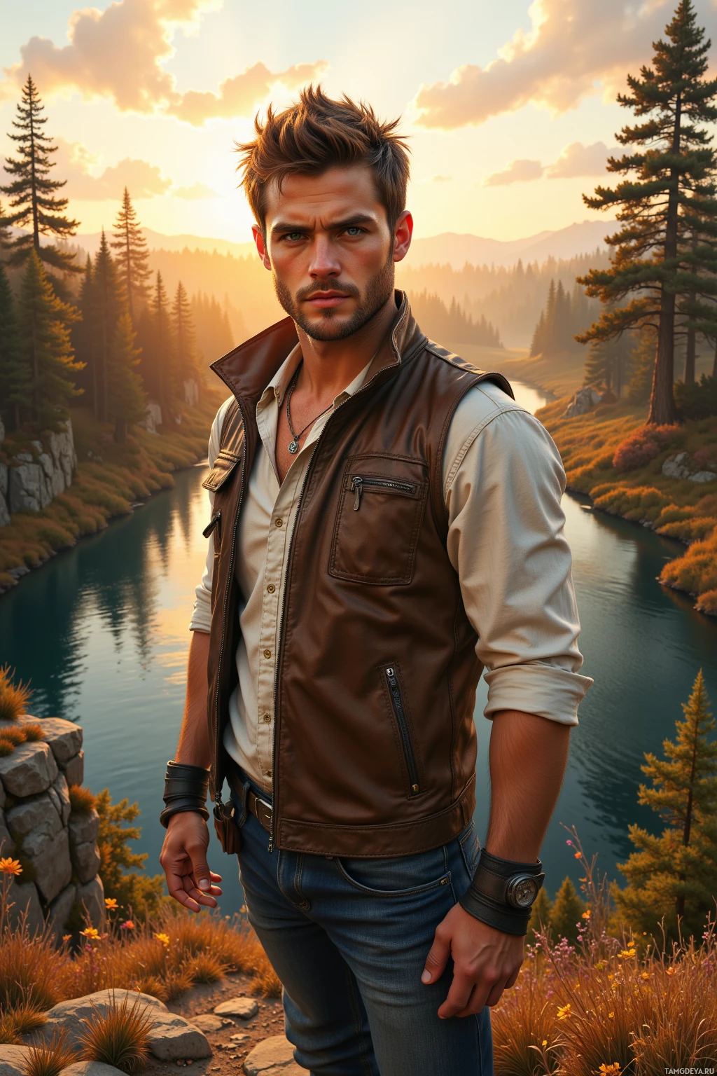 A man stands in a scenic outdoor setting with a river and forest in the background.