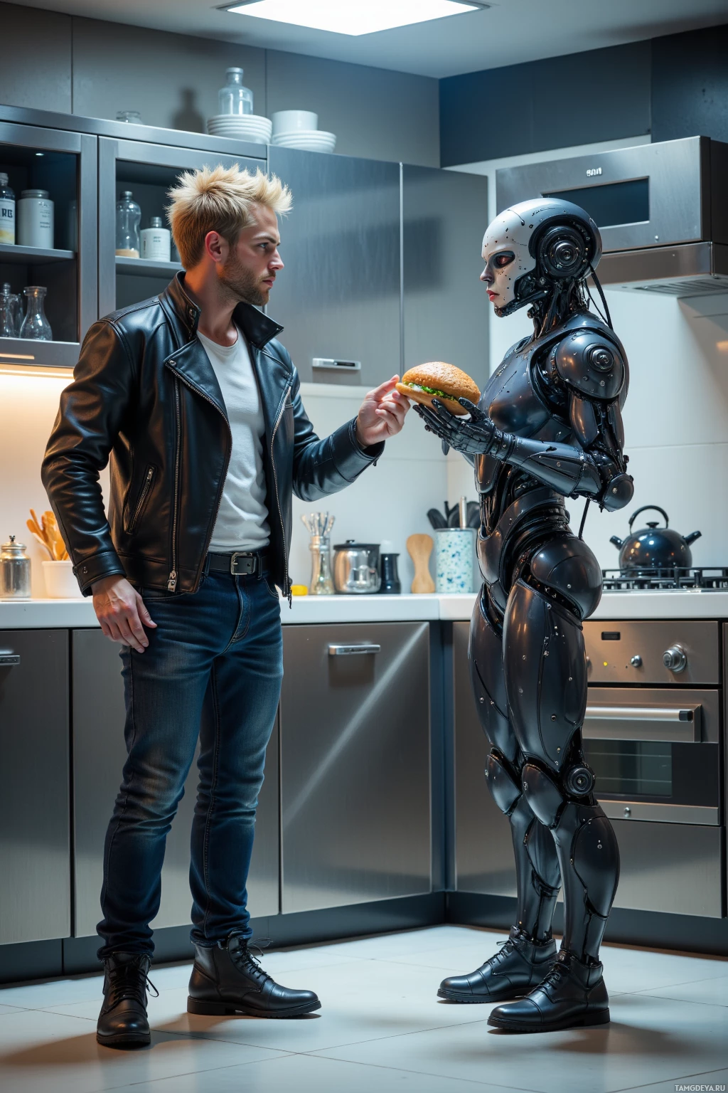 A man in a leather jacket and a humanoid robot in a kitchen, the man offering a burger to the robot.