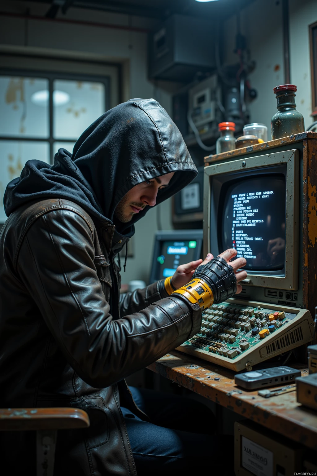 A person in a hooded jacket and leather gloves works on an old computer in a dimly lit room.