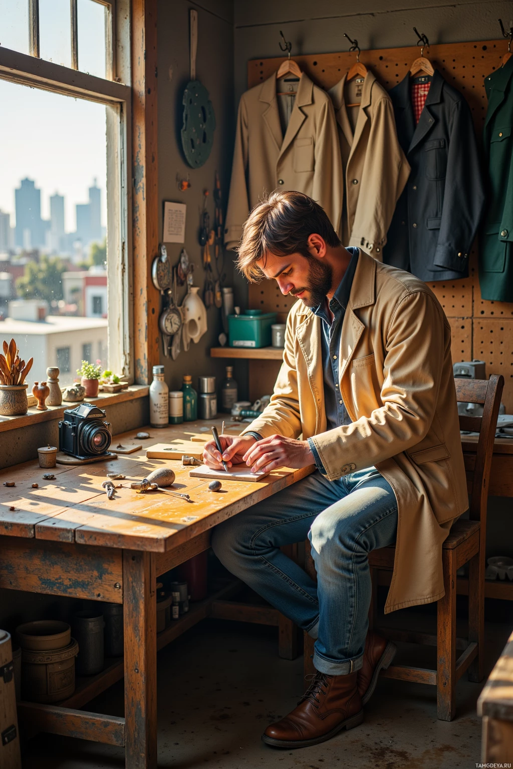 A man sits at a desk in a workshop, writing in a notebook.