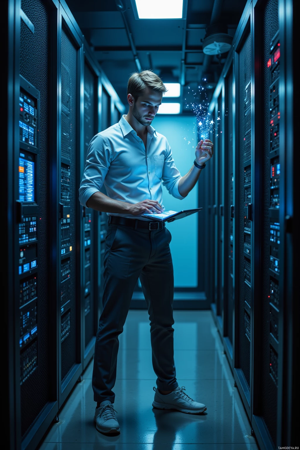 A man in a server room holding a tablet.