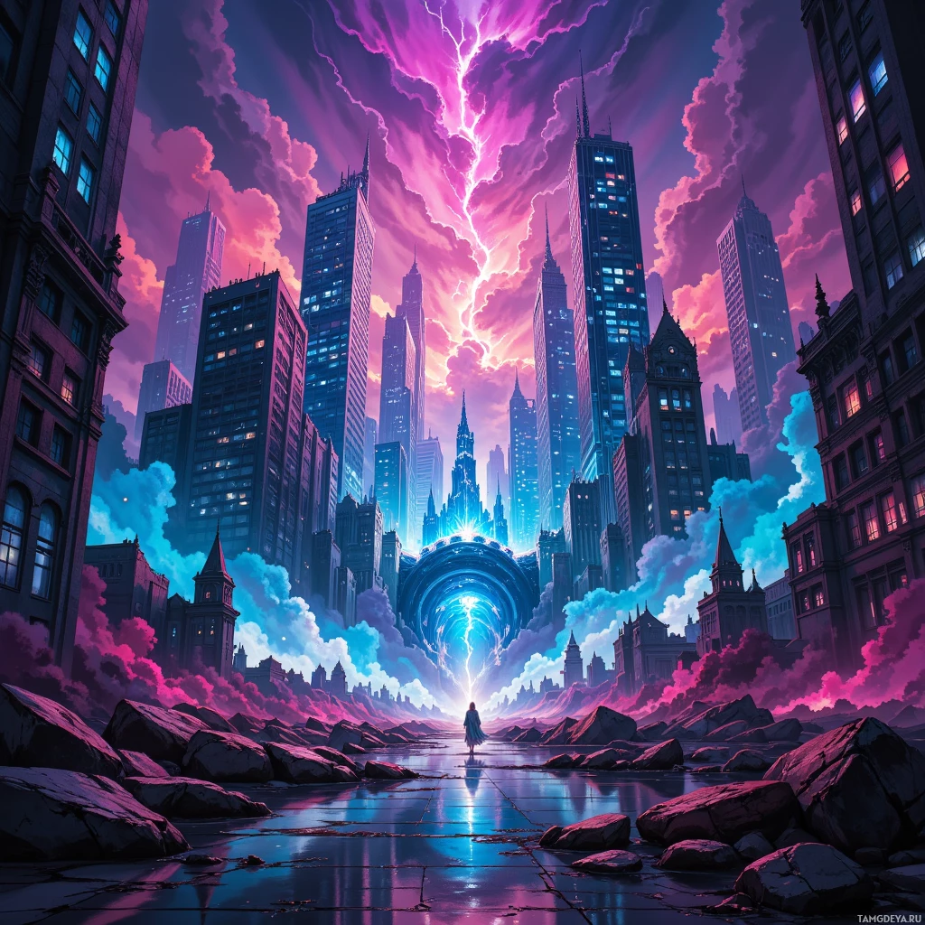 A futuristic cityscape with glowing skyscrapers and a bright, radiant portal in the sky.