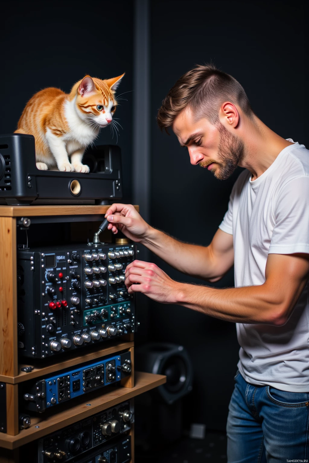 A man adjusts audio equipment while a cat perches on a speaker in the background.