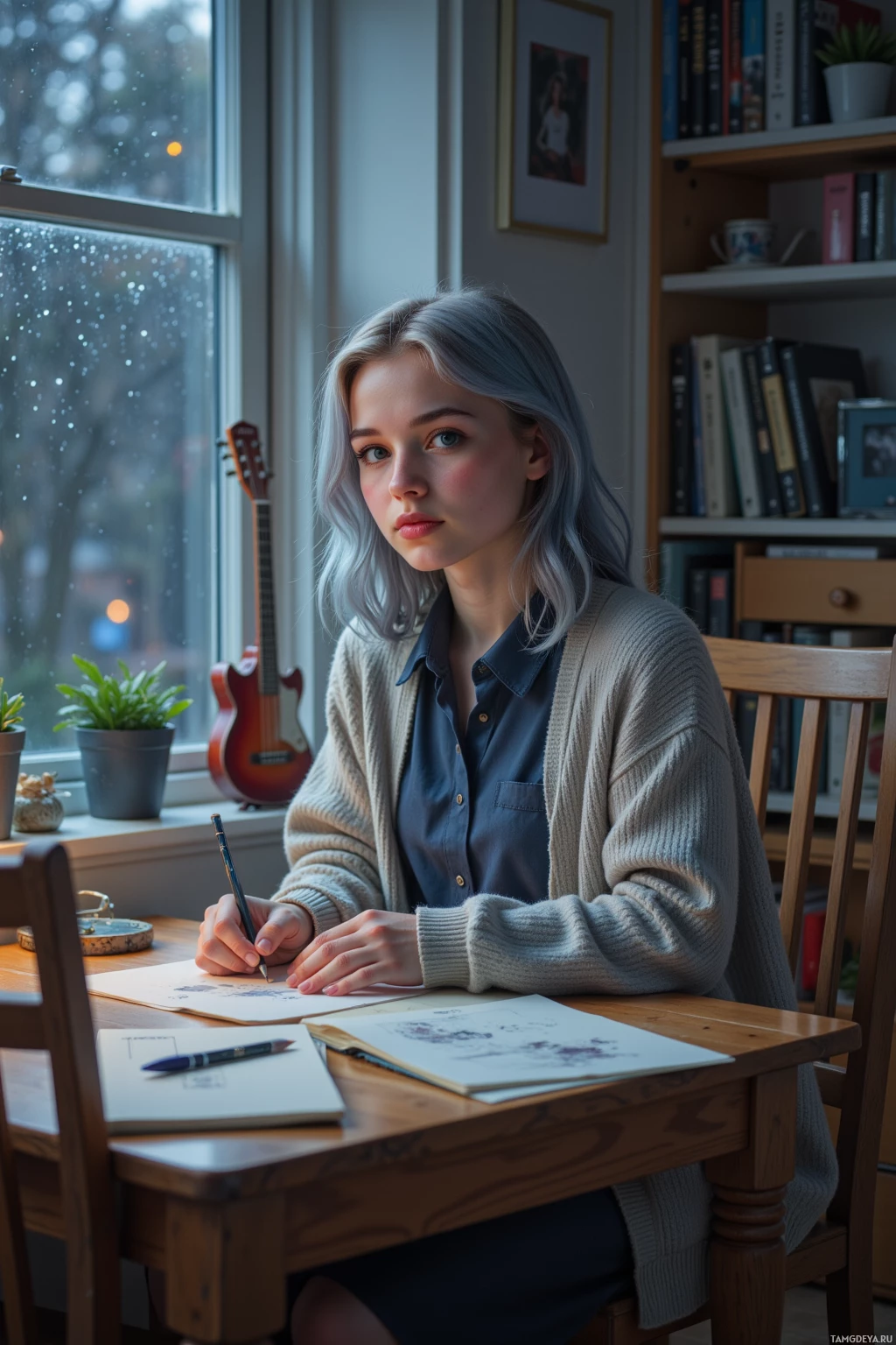 A person with light-colored hair sits at a desk, writing in a notebook.