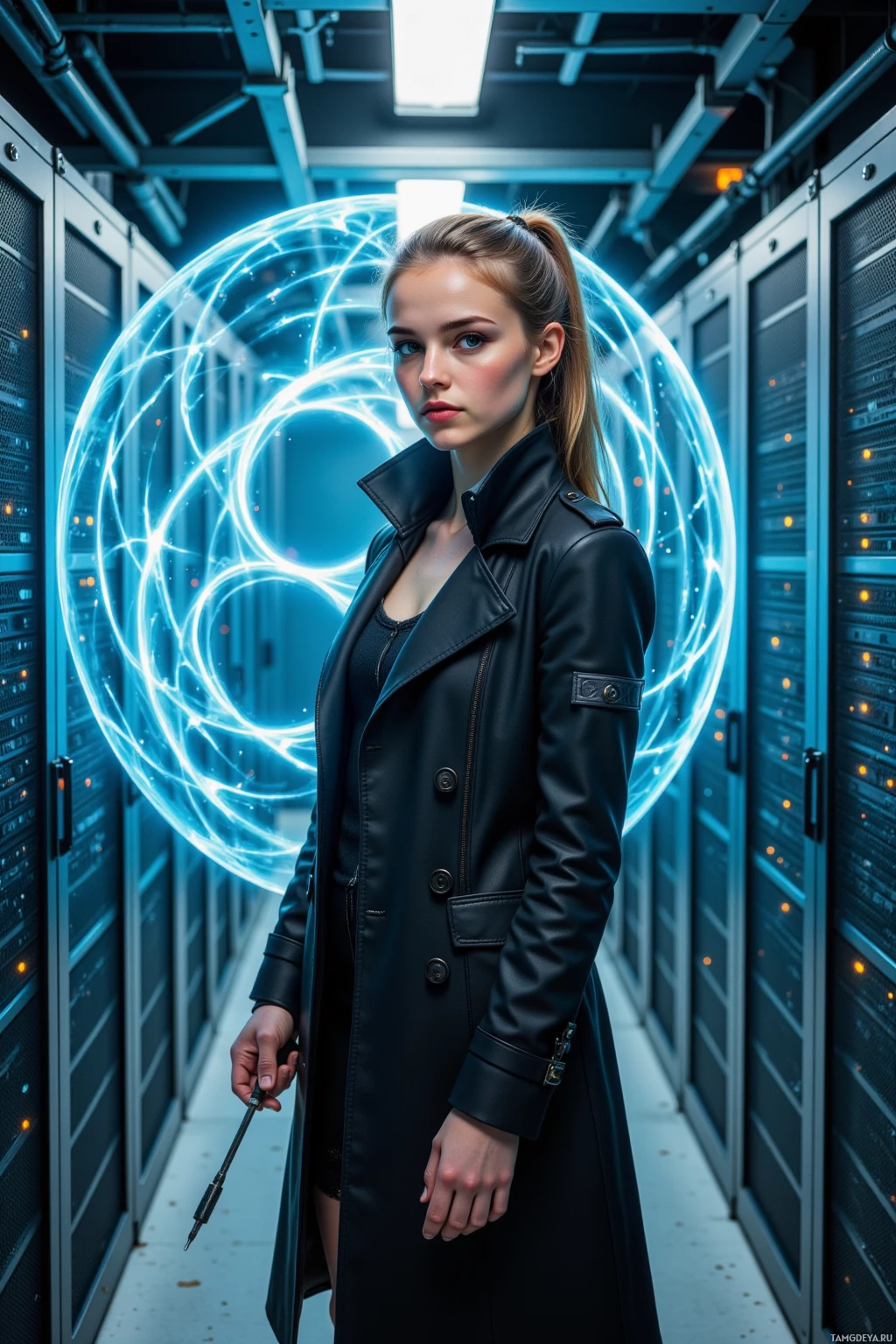A woman in a black coat stands in a server room with glowing blue energy spheres.