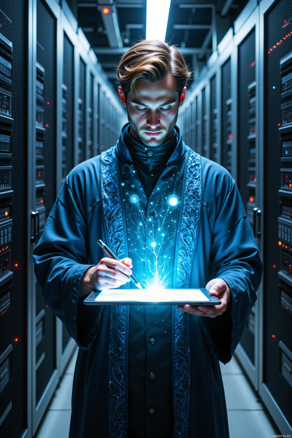 A person in a server room holding a glowing tablet.