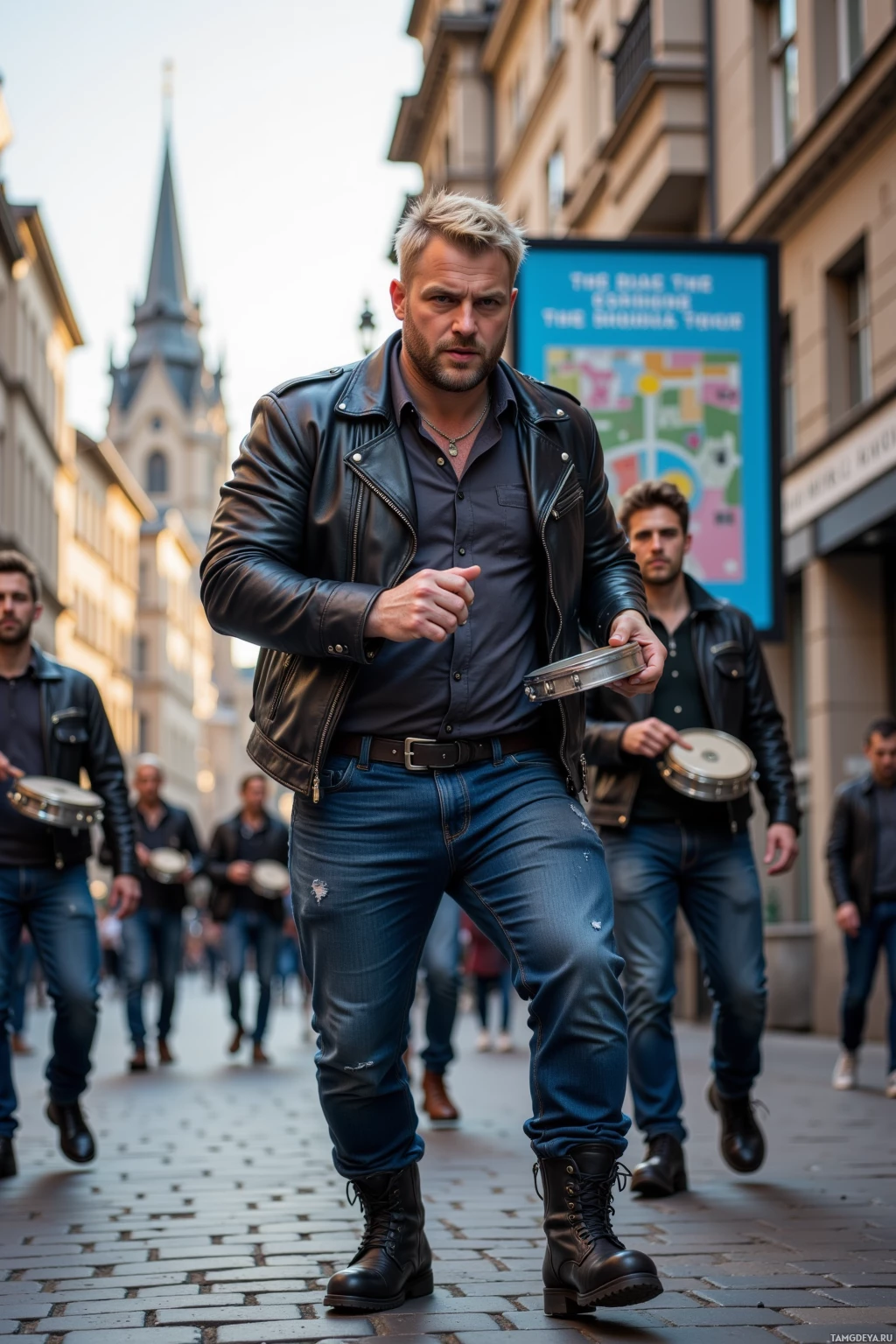 A man in a leather jacket and jeans walks down a cobblestone street, holding a tambourine.