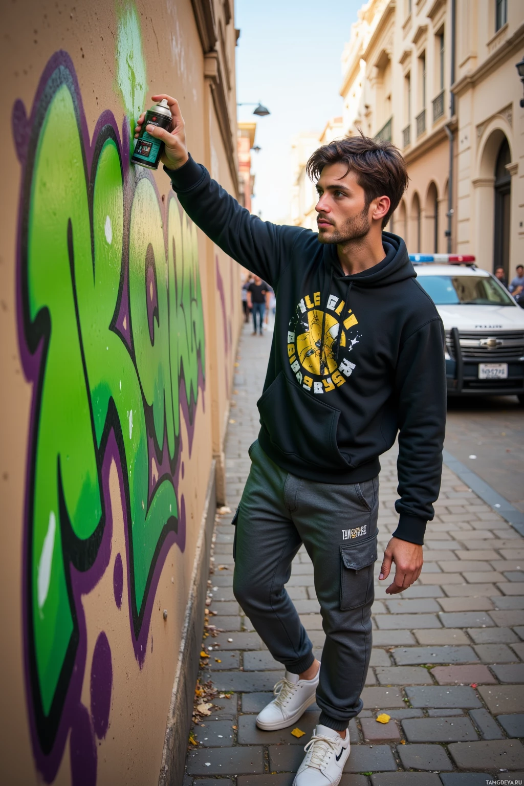 A person in a hoodie and pants stands near a wall with graffiti, holding a spray can.