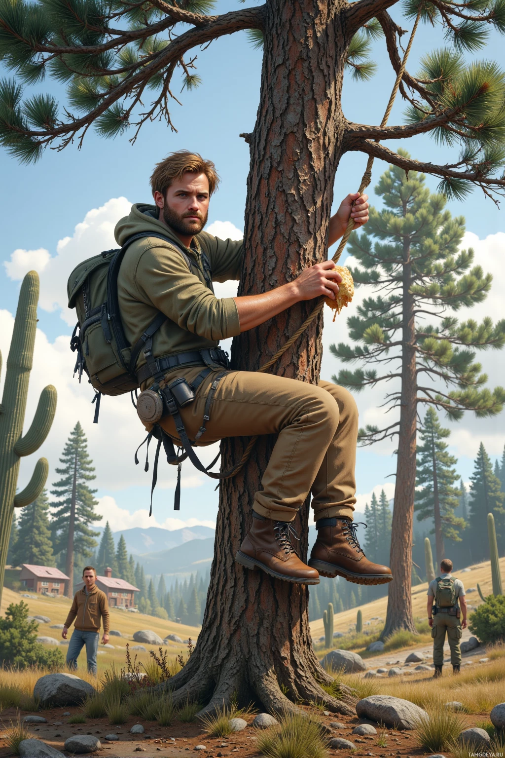 A man climbs a tree in a scenic outdoor setting with a clear sky and distant mountains.